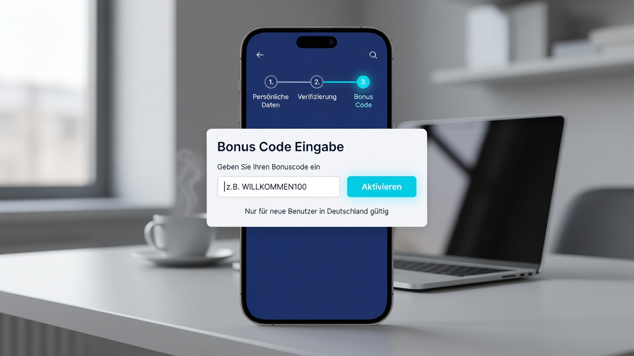 Detailansicht einer mobilen Casino-App mit aktiviertem Bonuscode-Trigger und Verifizierungsstatus